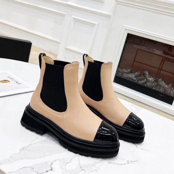 Bottines Chelsea en cuir de veau verni beige Véritable cuir de luxe designer sans lacet chaussures femmes gros bloc talon bas bout arrondi martin bottillons usine chaussures