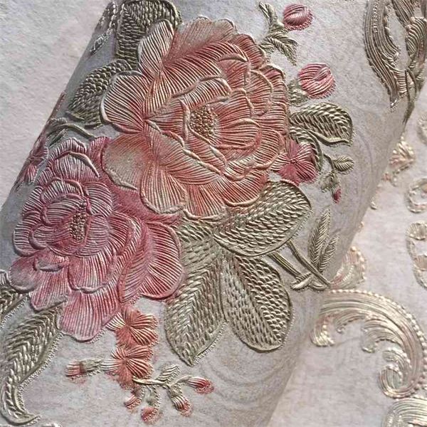 Beige Rose Floral Relief Papier Peint Rouleau 3D Fleur Damas Paisley Fond Papier Peint Décor À La Maison Chambre Salon Décoration 210722