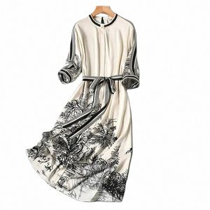 Beige Print Vintage A-Line O-Cou Lacets Manches courtes Femme Dr Korean Fi Mi-mollet Dres pour femmes 2024 Printemps A6Qi #