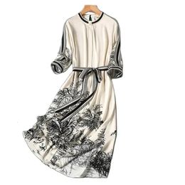 Print beige vintage aline oneck lacet up up manches à manches courtes robes de mode coréenne de mode pour femmes printemps 240401