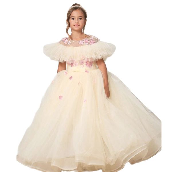 Beige gonflé fleur filles robes rose dentelle Appliques bijou cou enfants Communion robe volants Tulle enfant fête d'anniversaire robe