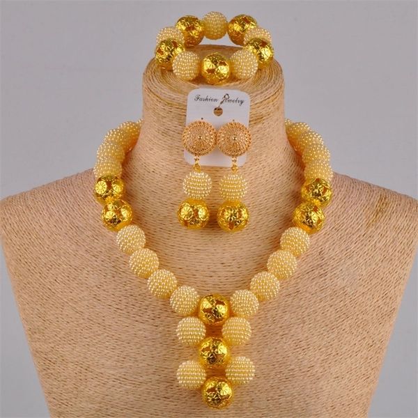 Beige simulé perle or bijoux africains ensemble perles de mariage nigérian collier de costume FZZ30-06 201222