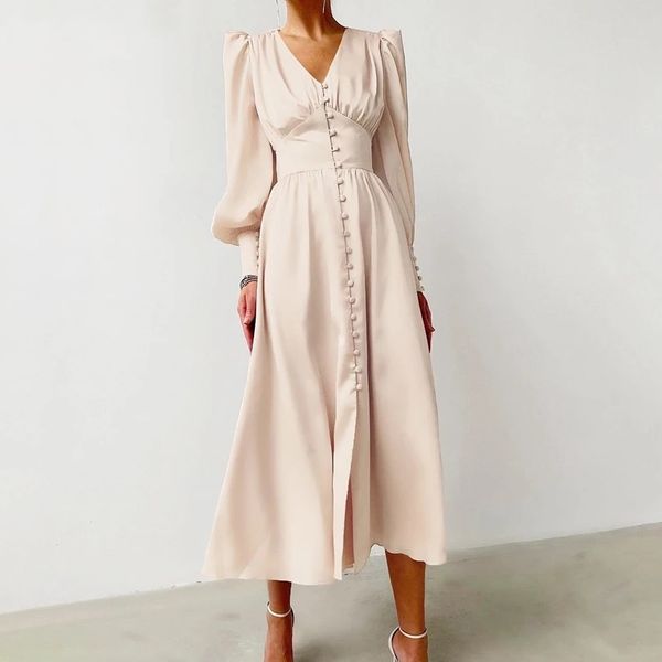 Robe de satin à poitrine unique beige Femmes Party Taille haute élégante robe longue plissée col en V manches bouffantes robes mi-longues simples froncées 210521