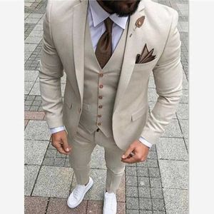 Beige Slim Fit Casual Mannen Past 3 Stuk Custom Bruiloft Tuxedo met gekerfde revers 2020 mannelijke mode bruidegom kostuum blazer broek x0909