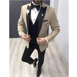 Beige Slim Fit hommes costumes pour mariage noir pointe revers marié smoking formel mâle mode veste avec pantalon noir gilet X0909