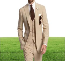 Beige driedelige bruiloft mannen Suits voor zakenfeest Peak Peak Rapel Two Button Custom Made Groom Tuxedos Jacket Pants Vest3985088