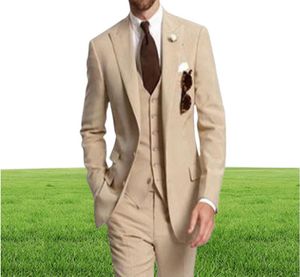 Beige driedelige bruiloft mannen pakken voor zakelijke feesten piek raapel twee knop op maat gemaakte bruidegom tuxedos jas pants vest8962465