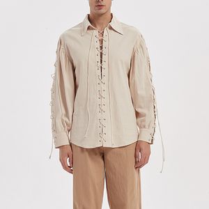 Beige col rabattu à manches longues à lacets médiéval Cosplay Vintage chemise hommes Streetwear victorien gothique vêtements Steampunk