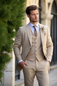 Beige Wedding Tuxedos For Groom Groomsmen 2024 Three Pieces Men Suits Slim Fit Prom Party Blazer Bussiness Dinner Formal Wear Bespoke Jacket Vest Pants