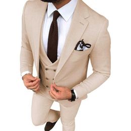 Beige bruiloft smoking slim fit one button suits voor mannen custom bruidegom pak drie stukken prom formele mannelijke pakken (jas + broek + vest) x0909