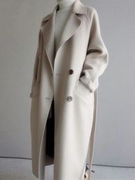 Beige Wollen Jas Dames Herfst Winter Casual Revers Lange Jassen Vrouwelijke Elegante Vintage Koreaanse Mode Losse Oversized Overjas 231228