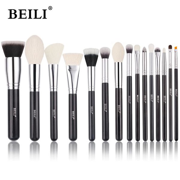 BEILI-Juego de brochas de maquillaje de pelo de cabra, 15 Uds., color negro, base en polvo grande, colorete, sombra de ojos, delineador de contorno, brochas de maquillaje, herramientas 240111