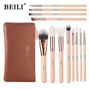 Beili roze 12 stcs roos gouden natuurlijke geit haar premium foundation oogschaduw blush poeder markeerstift camonant make -up borstel set 240327