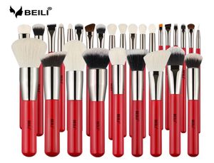 BEILI rouge 28 pièces pinceaux de maquillage professionnel ensemble poudre de cheveux naturels fond de teint fard à joues fard à paupières revêtement de sourcils outil de pinceau de maquillage 25258036