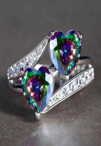 Beiver dubbele hart regenboog cz ring in rhodium vergulde trouwringen aaa zirkon sieraden vrouwen accessoires verlovingsring q07081257529