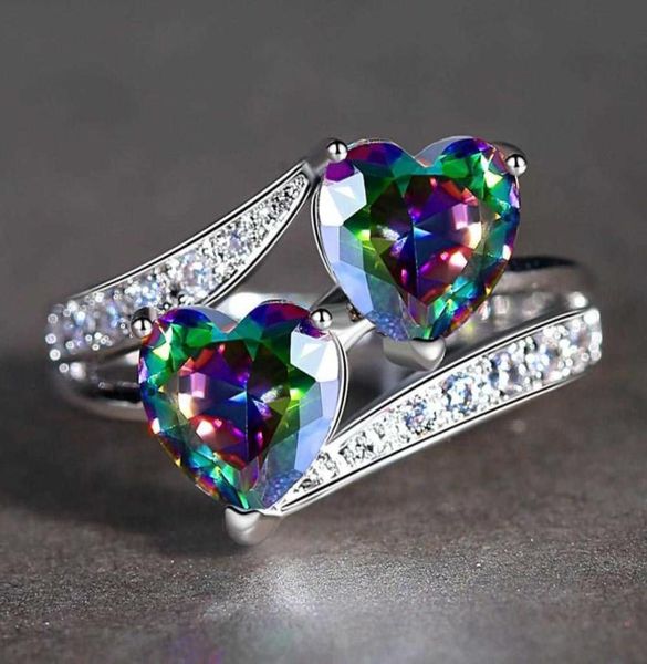 Beiver Double Heart Rainbow Cz Anillo en alianzas de boda de Rhodium chapada AAA AAA Joyas Accesorios para mujeres Anillo de compromiso Q07086188063