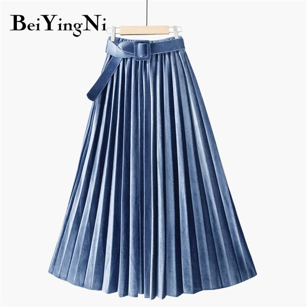 Beiyingni automne hiver jupe femmes avec ceinture longue argent métallique Maxi jupe plissée Midi taille haute mode Vintage Saia fête 210315