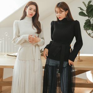 Beiyingni Moda Coreano Grueso Mujeres Suéter Cinturón Cuello alto Mujer Manga larga Tops Mujer Negro Rosa Jerseys Prendas de punto Pull 210416