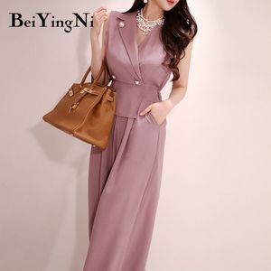 Beiyingni Combinaison Rompers Femmes Solide Couleur Salopette Pantalon large Femme V-Col Boutons Body Mode OL Romper Élégant 210416