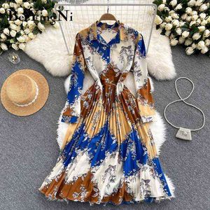 Beiyingni à manches longues plissé robe mi-longue femmes imprimer Vintage mode coréenne printemps automne conception chemises robes Slim Vestidos Y1204