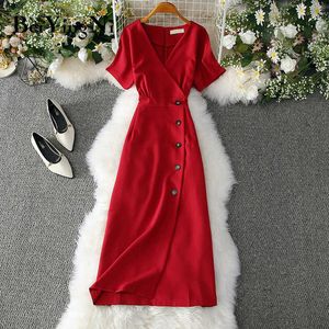 Beiyingni office dames jurk elegante knoppen casual slank vintage romantiek partij vrouwen jurk rood roze geel vestidos mujer y0603