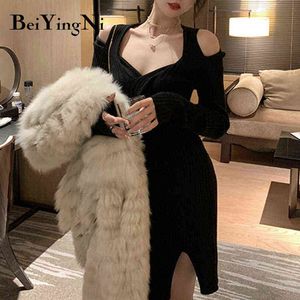 Beiyingni Sexy Club Hors Épaule Tricoté Mini Robe pour Femme Vintage Casual Manches Longues Maigre Robes Filles Parti Ruché Robes Y1204