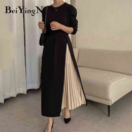 Beiyingni élégant français robe mi-longue pour femmes Patchwork ceinturé décontracté à manches longues tricoté femmes robe plissée pull robes Y1204