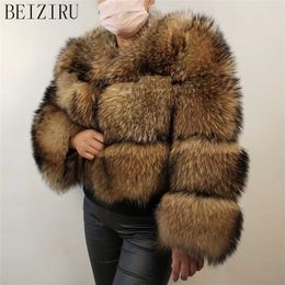 Beziru Real Raccoonsilver Korte Jas Dames Winter Warm Dikke Natuurlijke Jassen Lange Mouw 211110