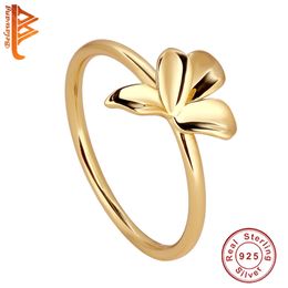 BELAWANG Real 925 Sterling Silver Jonquille Fleur Bague avec plaqué or 18 carats Mariage délicat pour femmes Bijoux de mode 211217