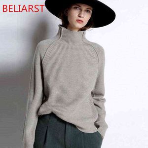 BELIARST 2021 nouveau automne hiver fille vêtements femmes col haut épaissi pull ample pull grande taille tricoté laine chemise Y1110