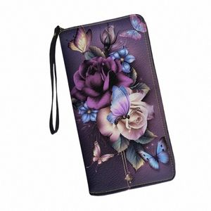 Belidome Magic Butterfly Floral Wallets voor dames rond zipper LG -portemonnee RFID Blokkerende kaarthouder Clutch Bag Polset Wallet E7ry#