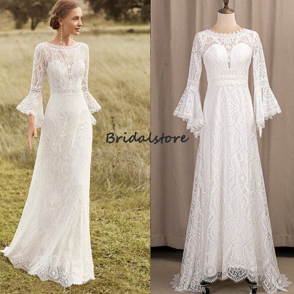 Vestido de novia bohemio de encaje con manga de campana 2022 Blanco Una línea hasta el suelo Vestidos de novia bohemios de playa sin espalda Fiesta de novia vintage Fotos reales Robe De Mari￩e