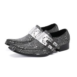 Bella Italiaanse Christia Sier Print Real Leather Party Men Dress Fashion Rivets Buckle Formal Shoes Business Man Brogues