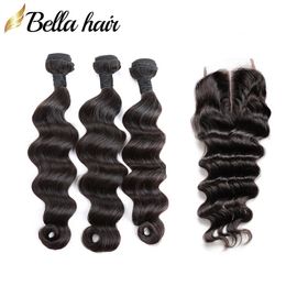 Tramas de cabello humano indio con cierres Cierre de encaje superior parte media con 3 piezas Extensiones de cabello Suelta profunda 4pcs / lot Bellahair Color natural