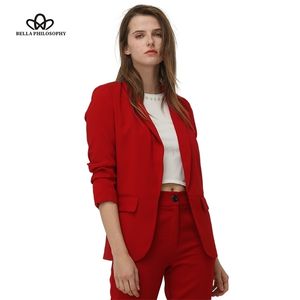 Bella Philosohy Printemps Mode Blazer Rouge Femmes OL Manches Bouffantes Manteau De Travail Sans Bouton Trois Quarts Dames Outwears 211122