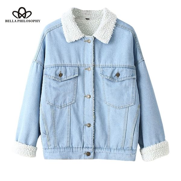 Bella Philosophy Hiver Fourrure Denim Veste Femmes Bomber Veste À Manches Longues Lavé Bleu Jeans Veste Manteau Doublure Chaude Avant Bouton T200319