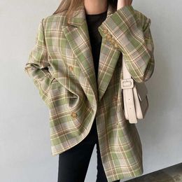 Bella Filosofie Vrouwen Lente Dubbele Breasted Check Blazer Vintage Vrouwelijke Zakken Plaid Pakken Jas Casual Street Outwears X0721