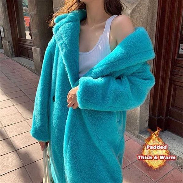 Bella Femmes Hiver Fausse Fourrure Chaud Long Manteau Femme Épais Ours En Peluche Manteau Casual Lâche Oversize Outwears Violet Jaune 211122