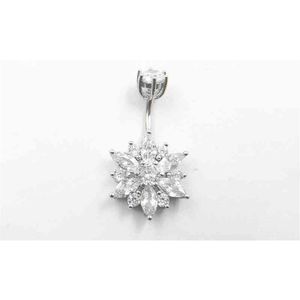 Anneau de nombril en argent Sterling 925 véritable pour femmes, fleur en Zircon, pierres claires, bijoux en argent pur, piercing pour le corps, 295p