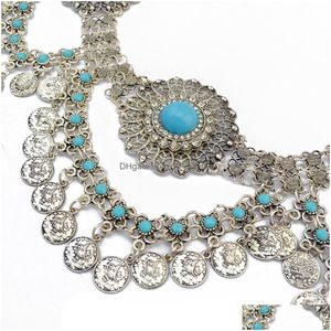 Chaînes de ventre Bohème Mode Gypsy Sier Plaqué Alliage Coin Gland Bleu Résine Perles Corps Chaîne Taille Bijoux Drop Livraison Dhgarden Dhg7C