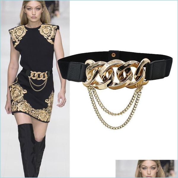 Cadenas del vientre Cinturón de cadena de oro elástico Borla Metal Estiramiento Cummerbunds Tallas grandes Cinturones de corsé para mujeres Vestido Cintura Ceintu Dhzk6