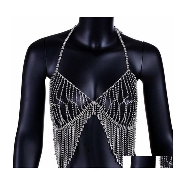 Cadenas del vientre Mujeres sexy Club nocturno Bling Rhinestones Fiesta Cadena del cuerpo Joyería Bikini Cintura Oro Playa Arnés Collar esclavo Bra Cami Dhzlu