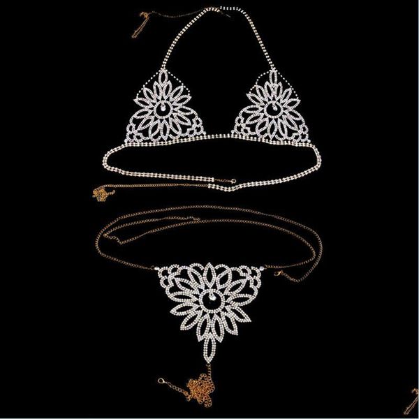 Bauchketten Stonefans Exquisite Blume Unterwäsche Fußkettchen Strass Bikini Kette Kristall Sexy Body BH Tanga Set Unterwäsche Frauen Dhvnd