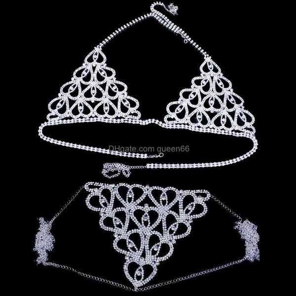 Cadenas para el vientre Mujeres Corazón Rhinestone Sujetador Cuerpo Cofre Cadena Accesorios Joyas de cristal Tanga transparente Bragas Ropa interior 49 E3 Drop D Dhxom