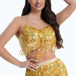 Belly Dance Costume Bra Sequin Club Party Festival Rave Dance Sexy Fringe Crop Tops Outfit Shiny Gold Black Red Bellydance Bra