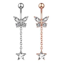 Buik Piercing Vijfpuntige Star Chain Belly Button Rings Navel Rings Butterfly Zircon Body Sieraden