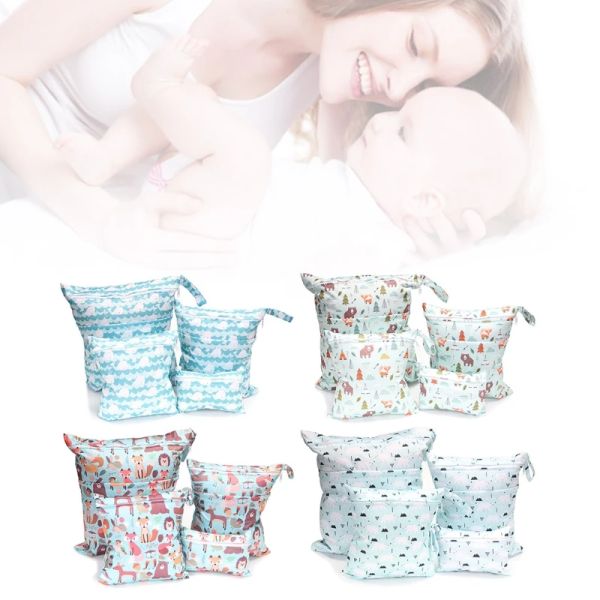 Ceinture 4 PCS / Set Fashion Print Baby Diaper Diaper Rangement Sacs réutilisables Lavable Voyage Nappy Pouchage Imperpose Organisateur de tissu sec humide A2UB A2UB