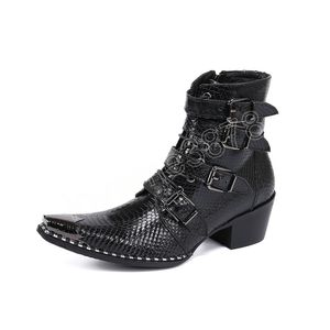 Botas de tobillo para hombre con hebilla de cinturón, zapatos de negocios de cuero genuino con punta de hierro, tacones altos cortos de estilo británico, botas occidentales con cordones y cremallera