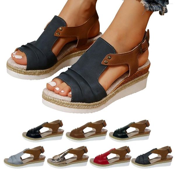 Sandalias huecas informales con cinturón lateral, zapatos romanos de fondo plano con hebilla, moda de verano para mujer, 11 de ancho, 65424 13860 84044