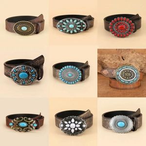 Riemen 100-115 Cm Vintage Westerse Reliëf Leer Turquoise Concho Riem Voor Vrouwen Bruine Ovale Gesp Decoratieve Groothandel